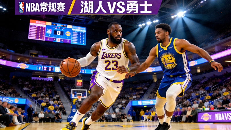 NBA常规赛湖人队对阵勇士队比赛直播画面 - 詹姆斯持球进攻